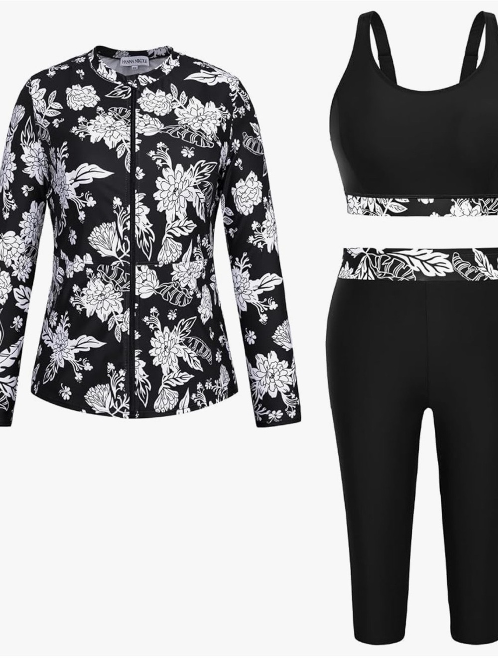 Hanna Nikole Black & White Floral 3-Piece Women's Swim Set